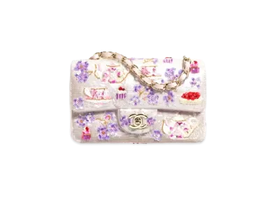 CHANEL Mini Classic Handbag Embroidered Satin, Sequins, Glass Beads, Strass & Gold-Tone Metal "White/Pink/Purple/Red"