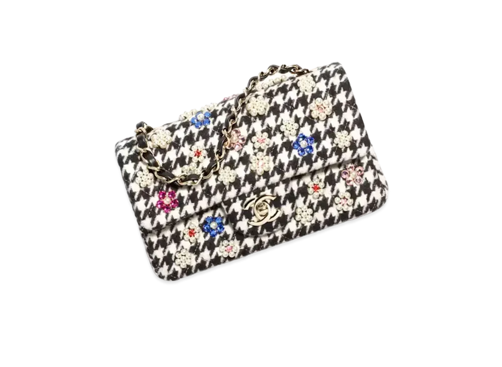 CHANEL Mini Classic Handbag Embroidered Tweed, Imitation Pearls, Strass & Gold-Tone Metal "Black/White"