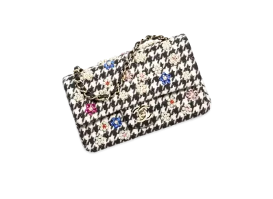 CHANEL Mini Classic Handbag Embroidered Tweed, Imitation Pearls, Strass & Gold-Tone Metal "Black/White"