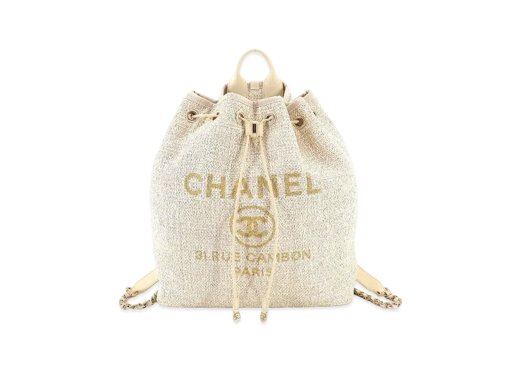 CHANEL Deauville Drawstring Bag Backpack Canvas "White/Gold"