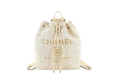 CHANEL Deauville Drawstring Bag Backpack Canvas "White/Gold"