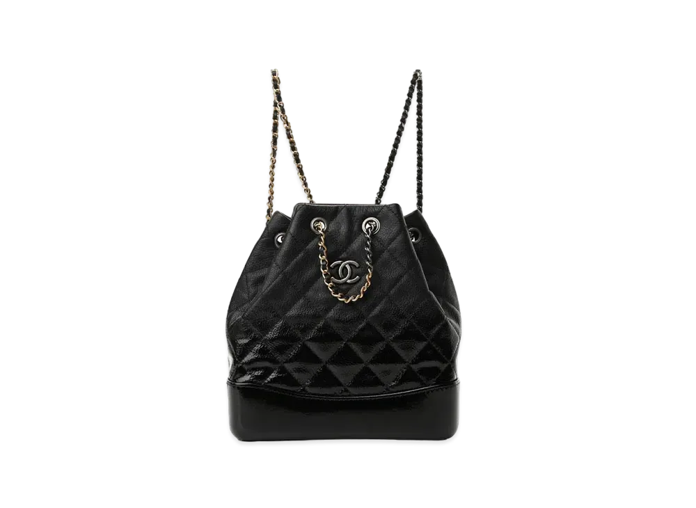 CHANEL Matelasse Gabrielle Drawstring Chain Backpack Patent Goatskin "Black/Silver/Gold"