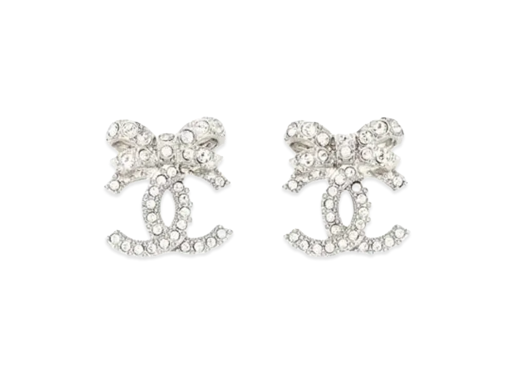 CHANEL Women's Rhinestone Bow CC Logo Earrings "Silver"
