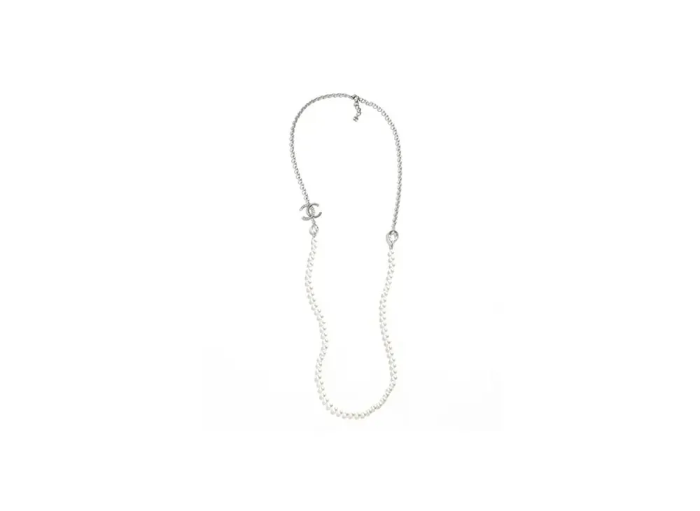 CHANEL Long Necklace Metal, Glass Pearls & Strass "Silver/Pearly White/Crystal"