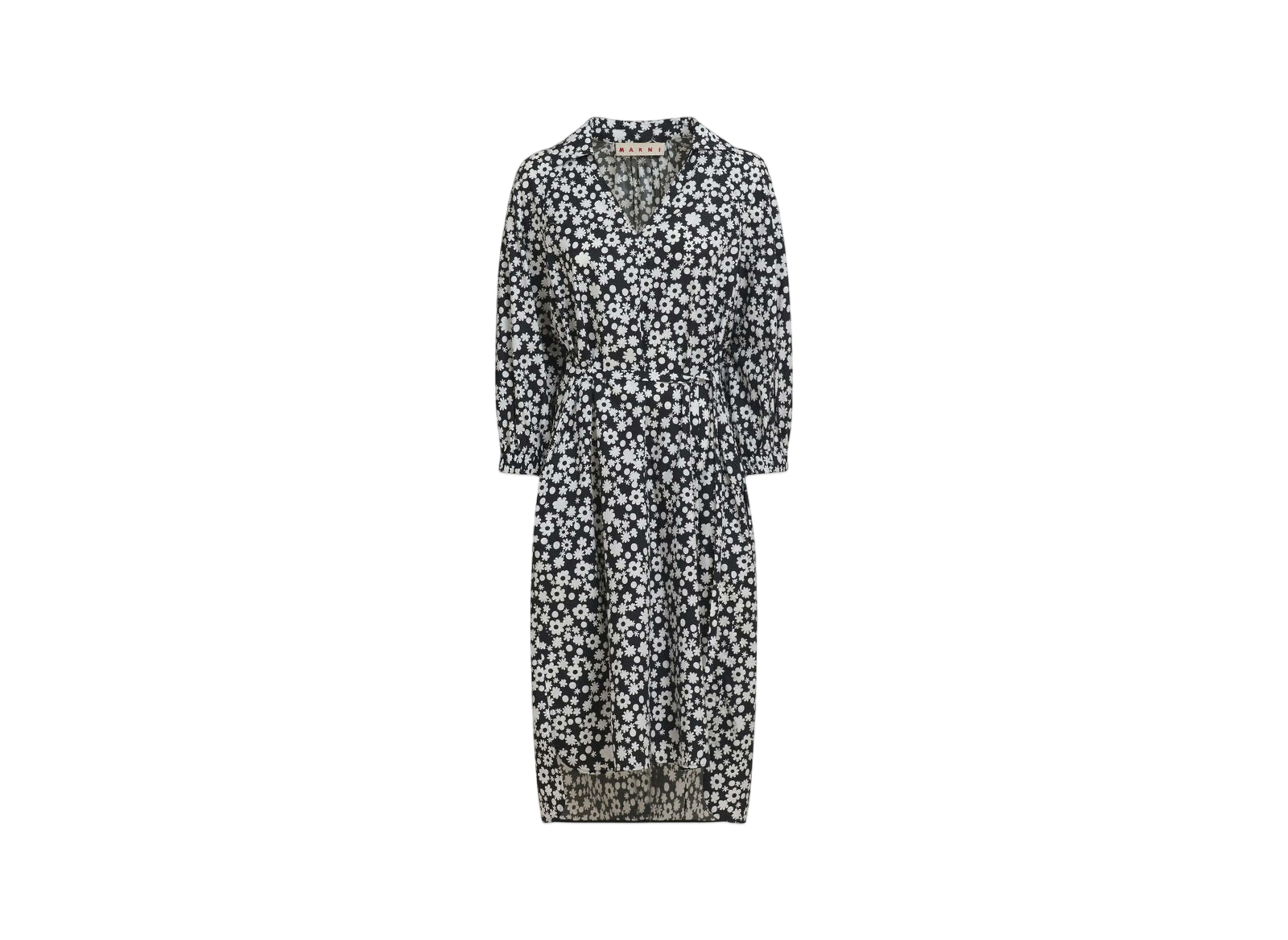 Marni Women's Cotton Poplin Shirt Dress with Pop Fields Motif "Black"