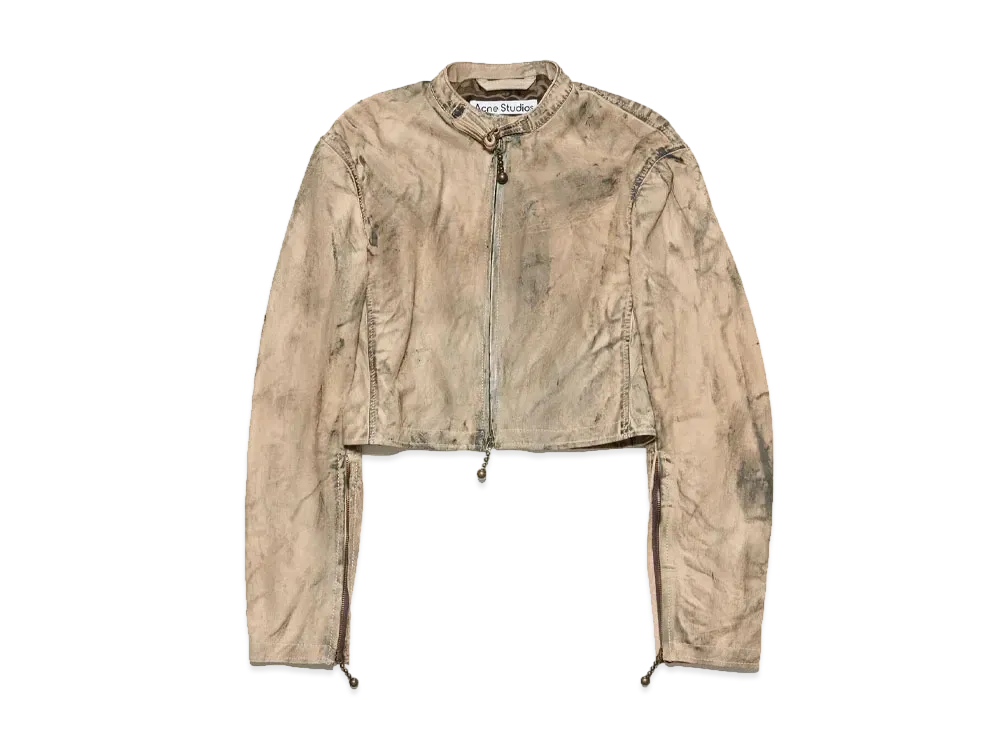 Acne Studios Painted Leather Biker Jacket "Beige/Green"