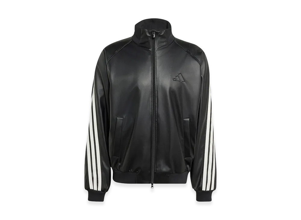 adidas Stadium Loose Fit Faux Leather Track Jacket "Black/Off White"