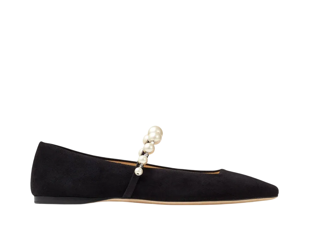 Jimmy Choo Women's Ade Flat Suede Flats with Pearl Embellishment "Black/White"