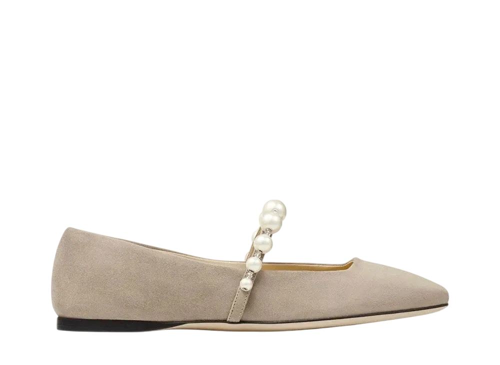 Jimmy Choo Women's Ade Flat Suede Flats with Pearl Embellishment "Taupe/White"