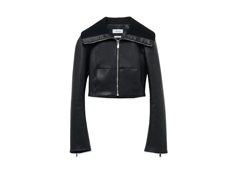 Alexander McQUEEN Folded Collar Leather Jacket "Black"