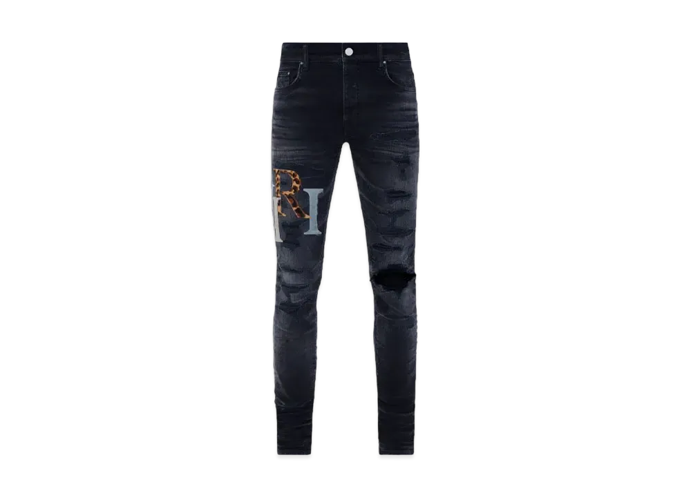 AMIRI Leather Staggered Logo Jean "Faded Black"