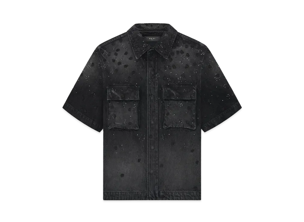 AMIRI Floral Crystal Denim Short Sleeve Shirt "Faded Black"