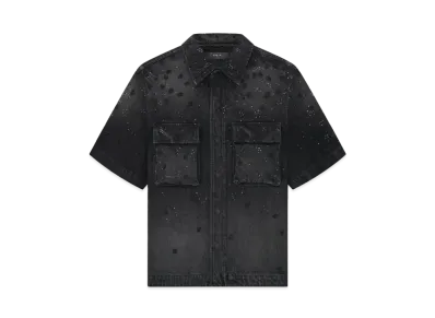 AMIRI Floral Crystal Denim Short Sleeve Shirt "Faded Black"