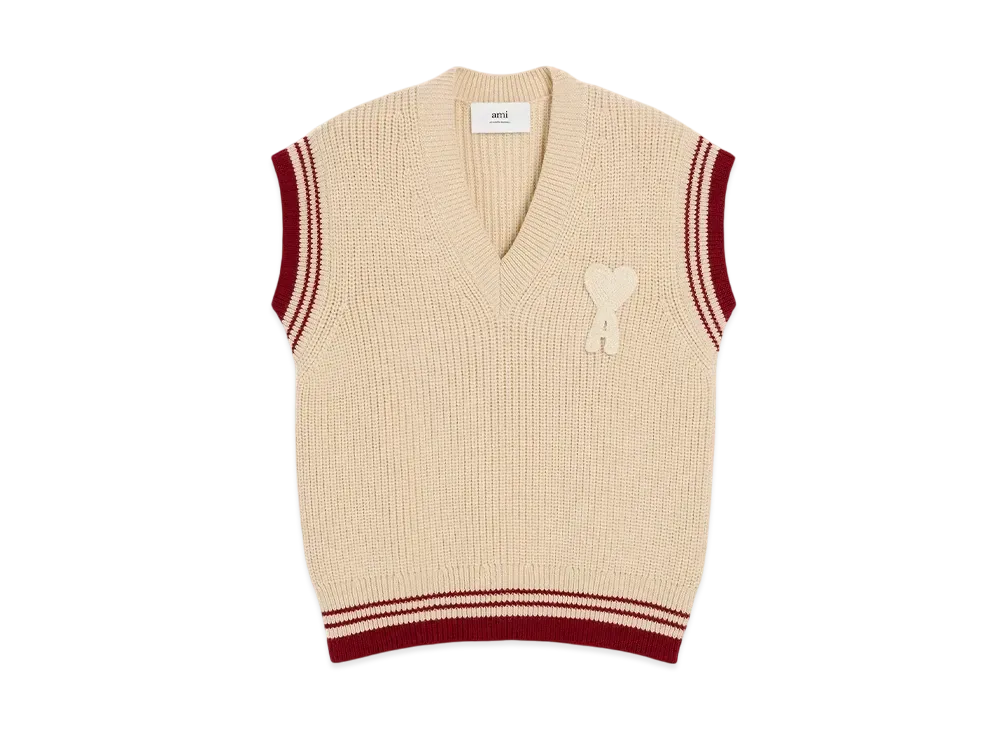 AMI PARIS Wool Rib Sleeveless V-Neck Sweater "Blanc Creme"