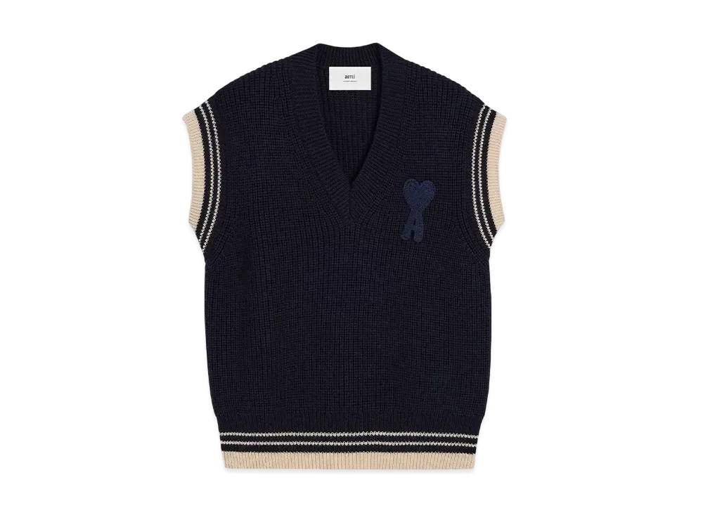 AMI PARIS Wool Rib Sleeveless V-Neck Sweater "NavyBlue"