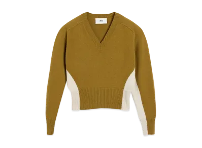 AMI PARIS Wool Knit Bicolor V-Neck Sweater "VertLichen/Mastic"
