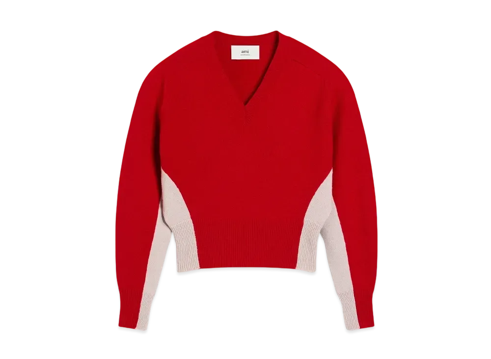 AMI PARIS Wool Knit Bicolor V-Neck Sweater "Coquelicot/Mastic"
