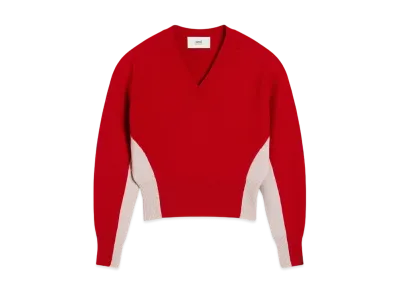 AMI PARIS Wool Knit Bicolor V-Neck Sweater "Coquelicot/Mastic"
