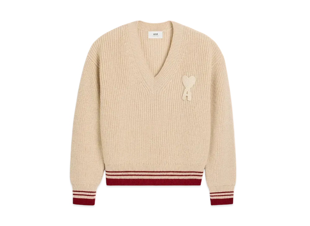 AMI PARIS Wool Ribbed V-Neck Sweater "BlancCreme"
