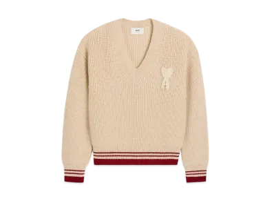 AMI PARIS Wool Ribbed V-Neck Sweater "BlancCreme"