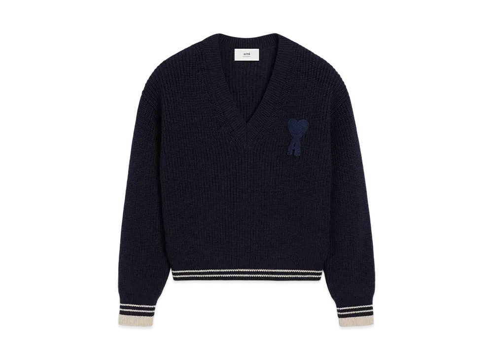 AMI PARIS Wool Ribbed V-Neck Sweater "NavyBlue"