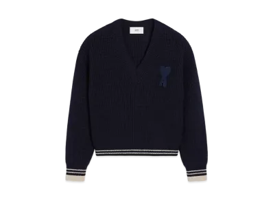 AMI PARIS Wool Ribbed V-Neck Sweater "NavyBlue"