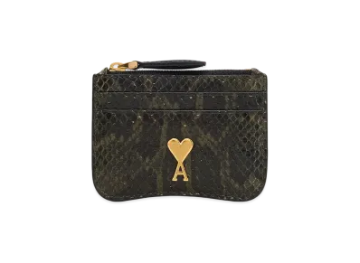 AMI PARIS Leather Zip Card Holder "OliveNoire"