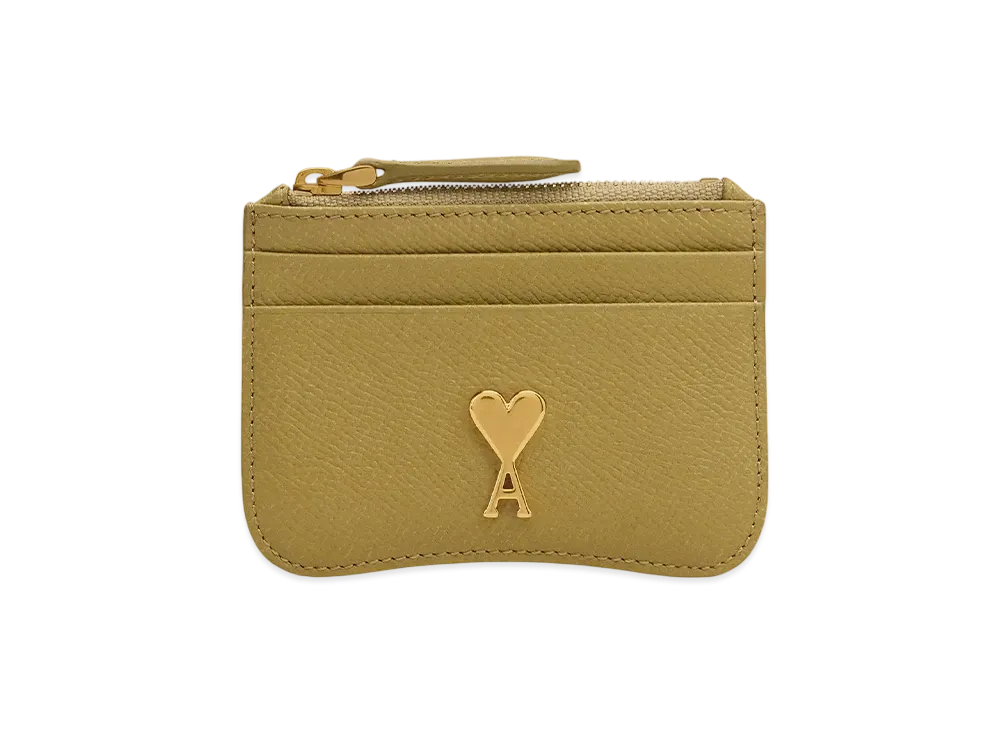 AMI PARIS Leather Zip Card Holder "Havane/LaitonVibre"