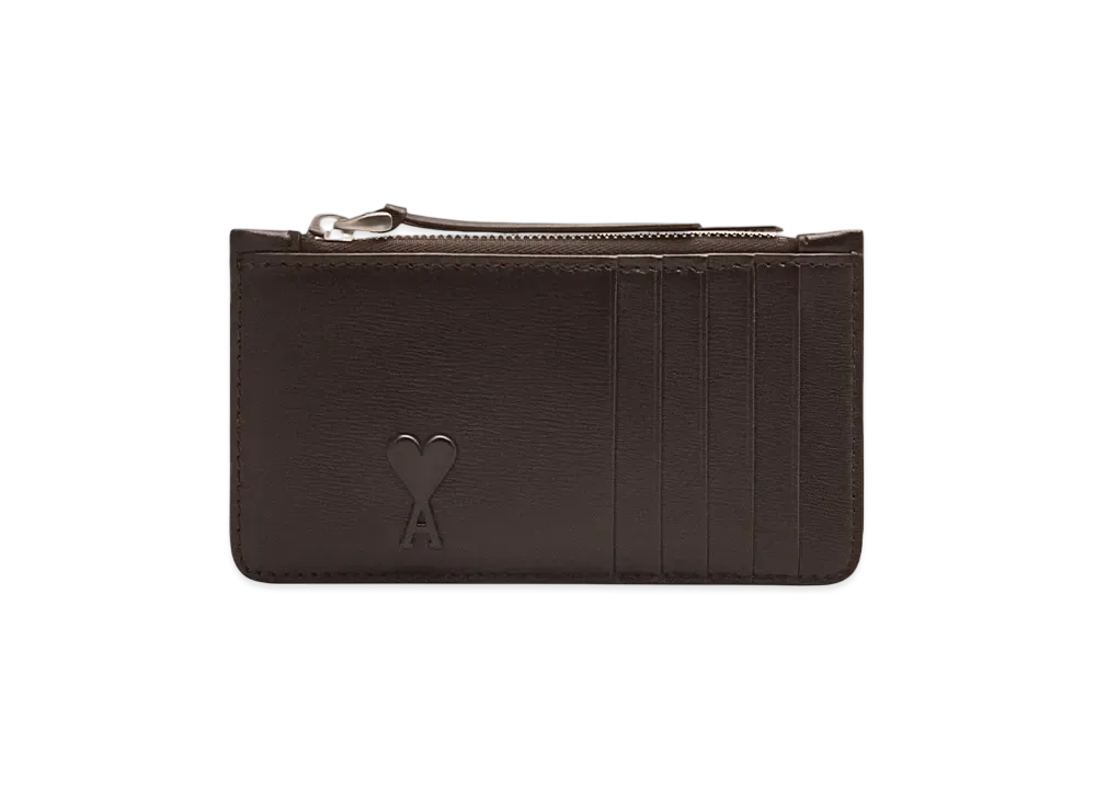 AMI PARIS Leather Zip Card Holder "DarkCoffee"