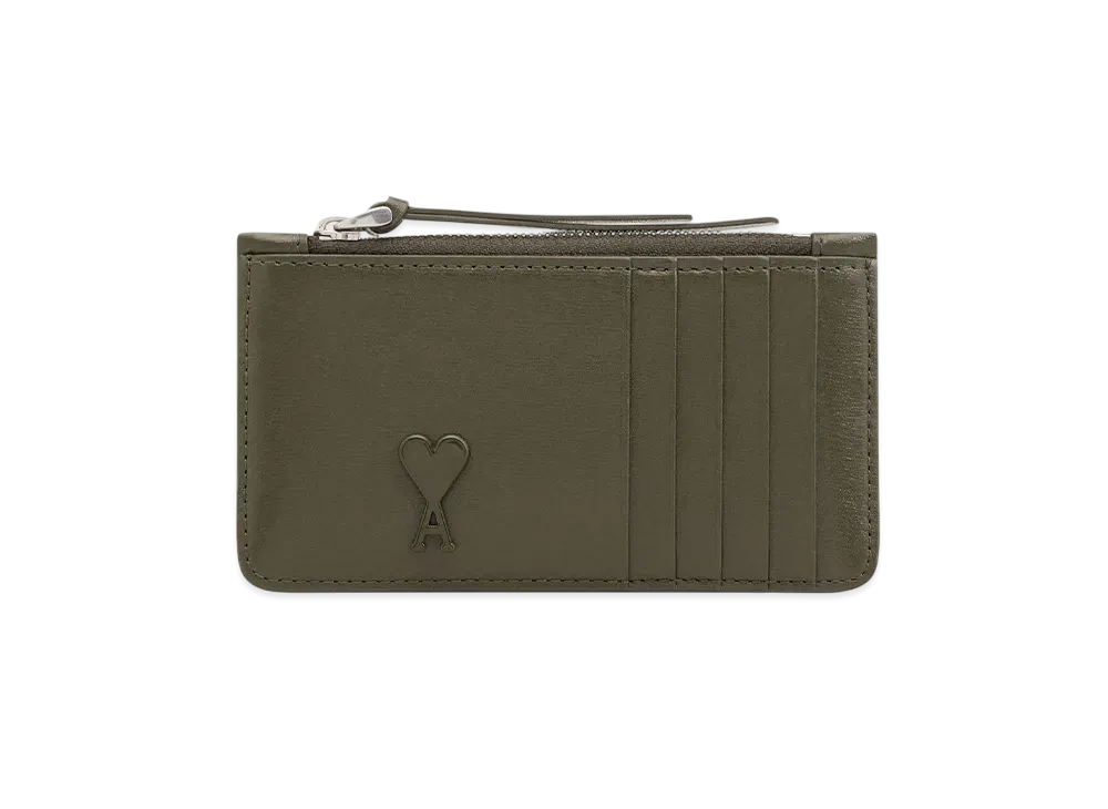 AMI PARIS Leather Zip Card Holder "OliveNoire"