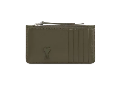 AMI PARIS Leather Zip Card Holder "OliveNoire"