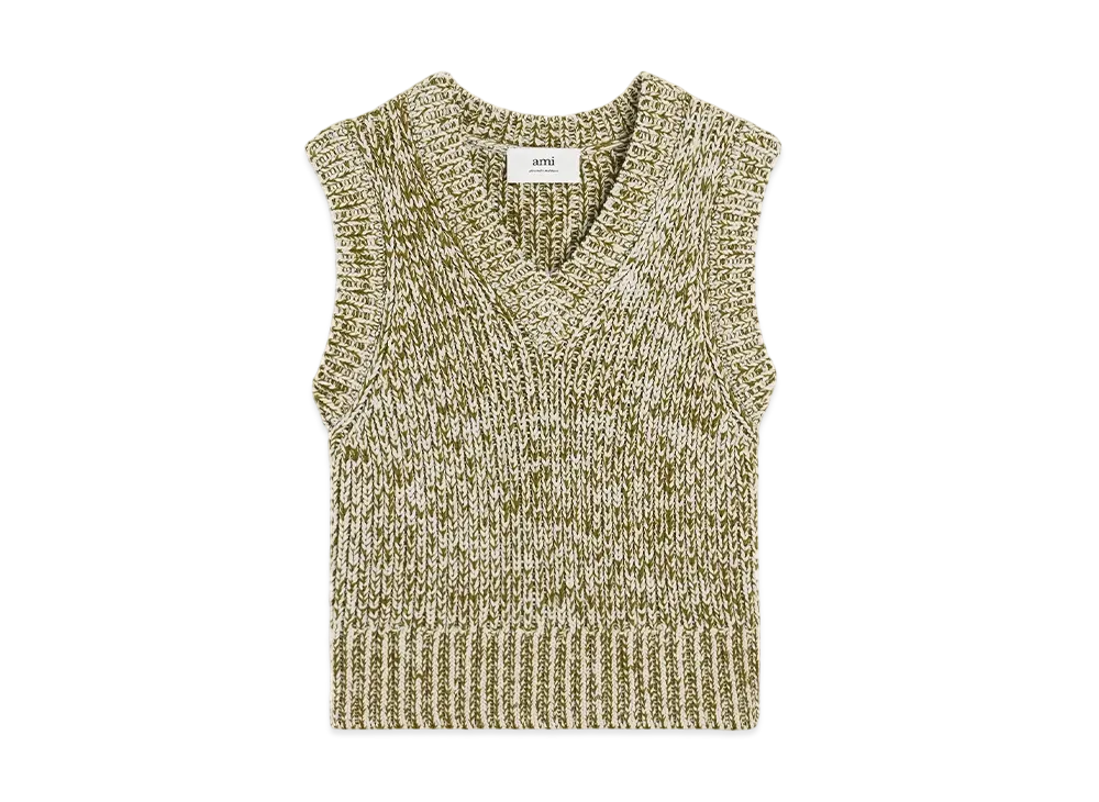 AMI PARIS Cotton/Wool Sleeveless V-Neck Sweater "BlancCreme/VertLichen"