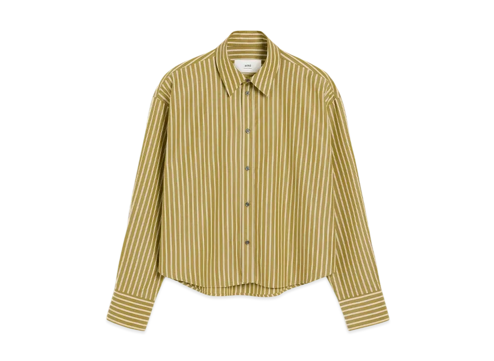 AMI PARIS Cropped Cotton Oversized Shirt "VertLichen/Blanc/Curry"