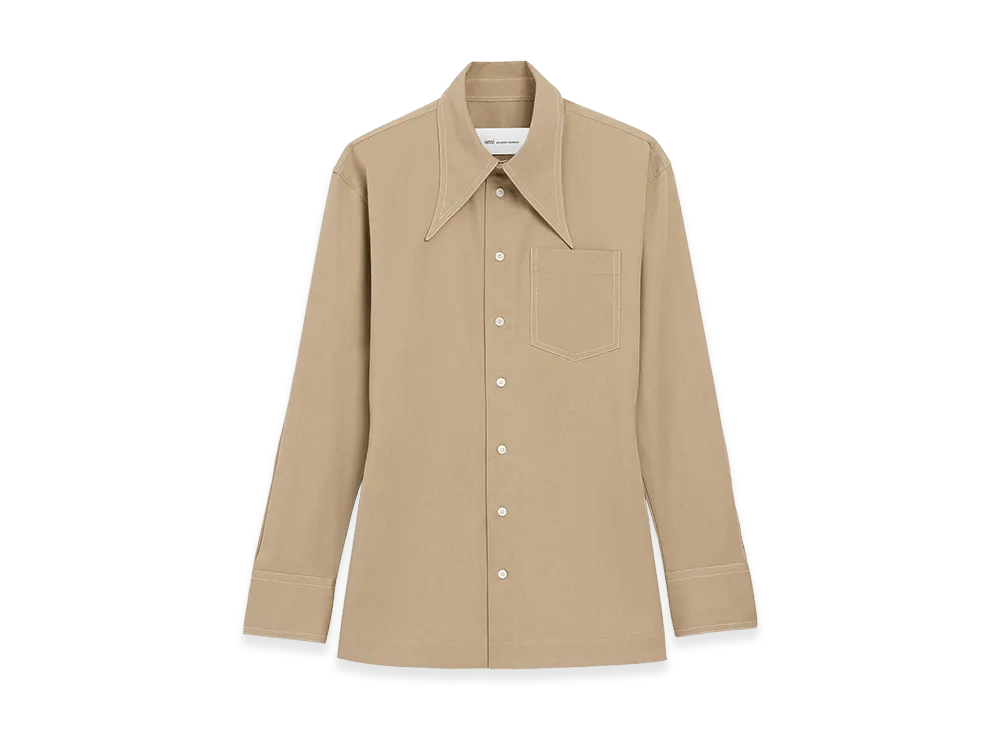 AMI PARIS Cotton Sharp Collar Fitted Shirt "Beige"