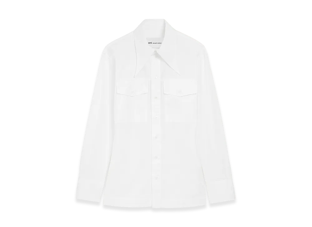 AMI PARIS Cotton Sharp Collar Fitted Shirt "White"