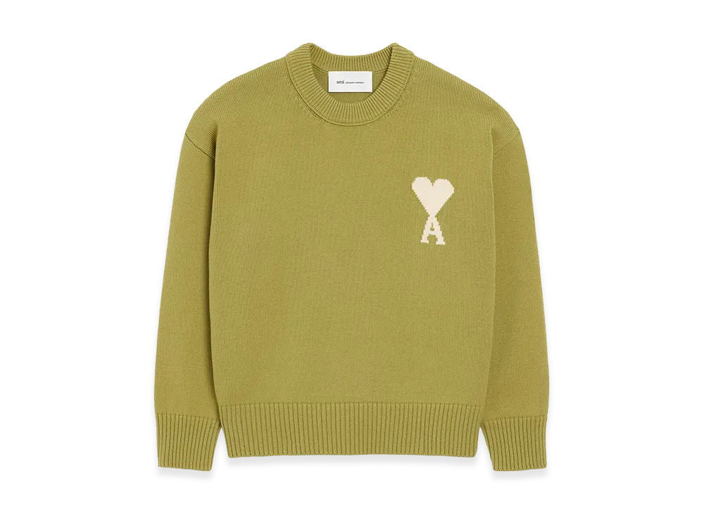 AMI PARIS Wool/Cotton Crewneck Ami De Coeur Sweater "Green"