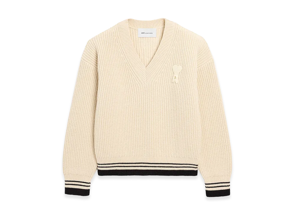 AMI PARIS Ribbed Wool V Neck Ami De Coeur Sweater "White"