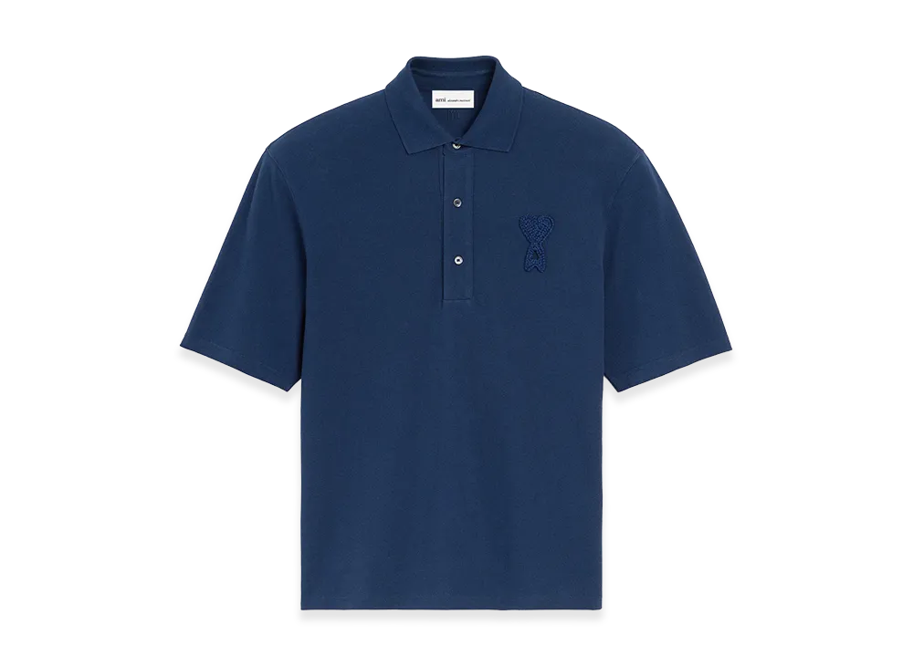 AMI PARIS Cotton Ami De Coeur Knitted Patch Polo "Blue"