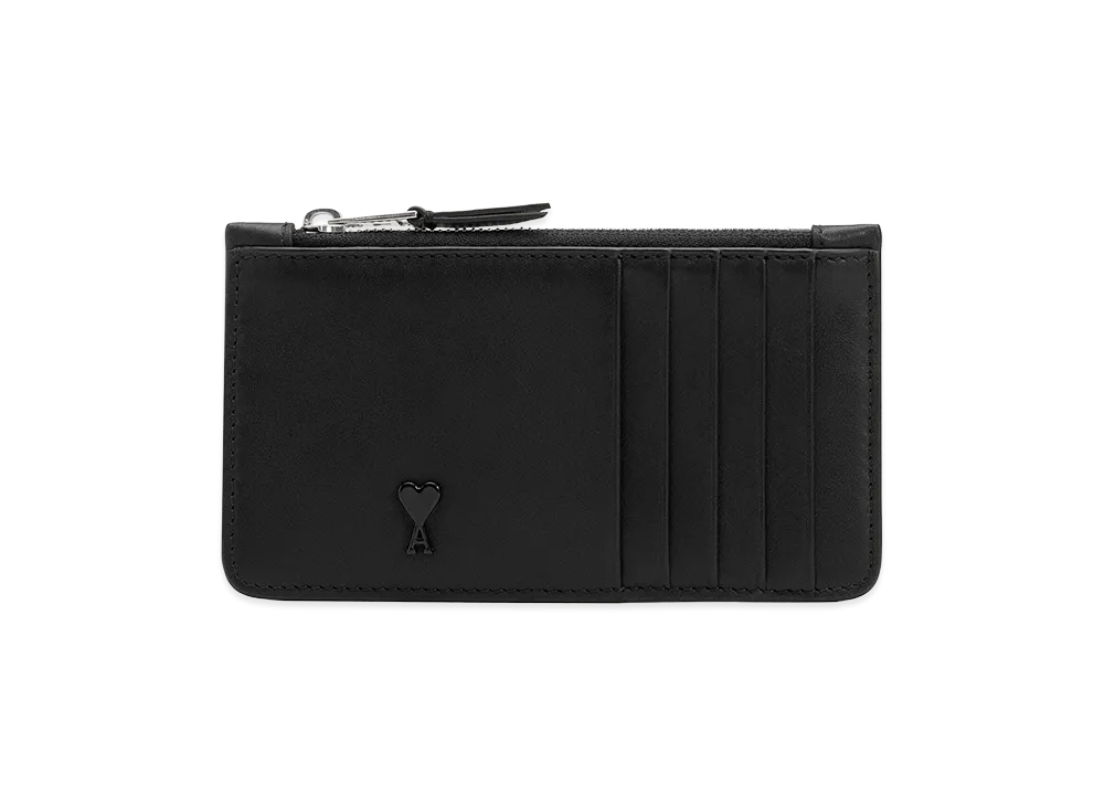 AMI PARIS Smooth Leather Ami De Coeur Zipped Card Holder "Black"