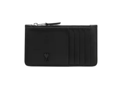AMI PARIS Smooth Leather Ami De Coeur Zipped Card Holder "Black"