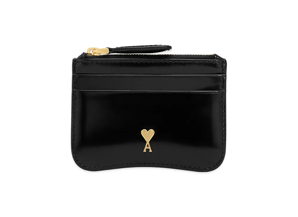 AMI PARIS Glazed Leather Paris Paris Zipped Card Holder "Black"