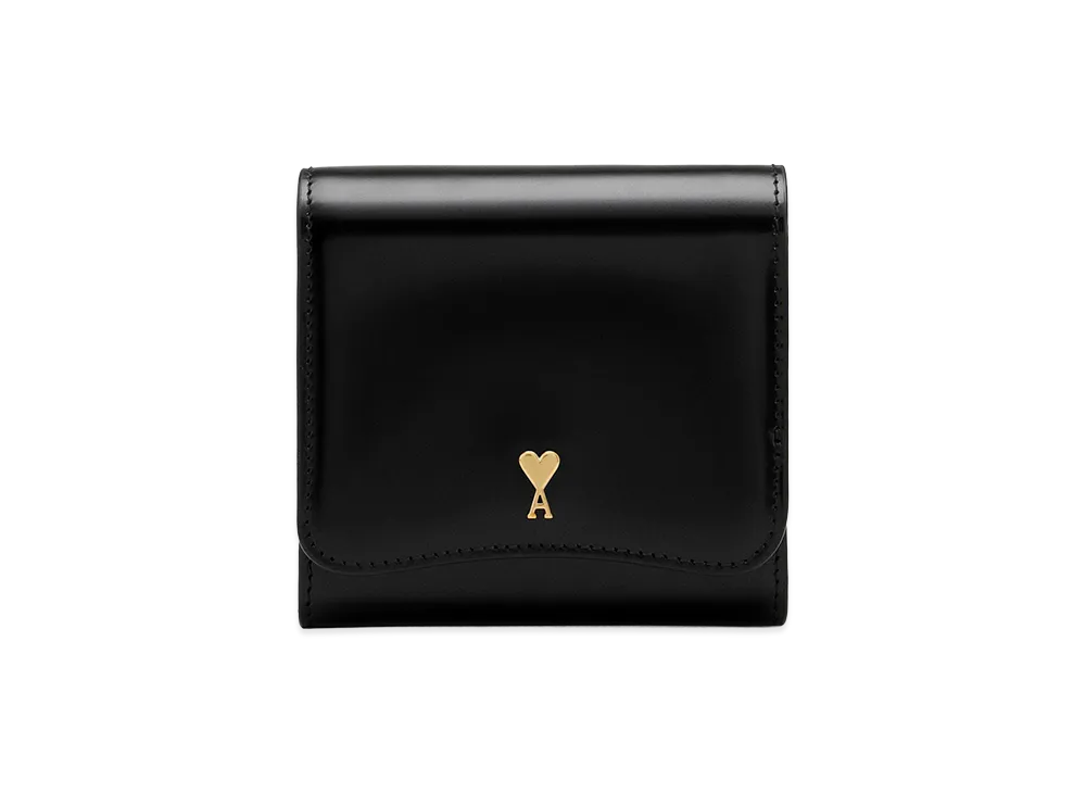 AMI PARIS Glazed Leather Paris Paris Compact Wallet "Black"