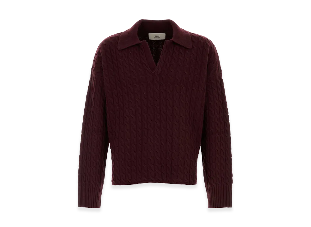 AMI PARIS Cable-Knit Polo Shirt "Bordeaux"