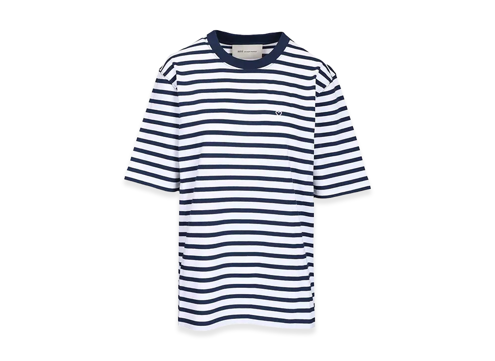 AMI PARIS Quota -Short Sleeves Boxy Fit Mariniere Teeshirt With Ami De Coeur Patch "Blue"