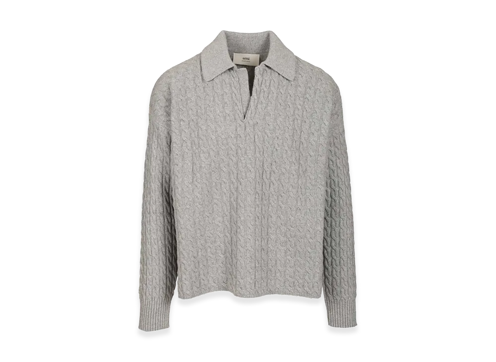 AMI PARIS Cable-Knit Polo Shirt "Gray"