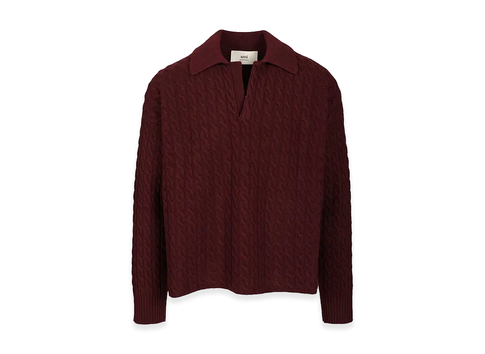 AMI PARIS Cable-Knit Polo Shirt "Bordeaux"