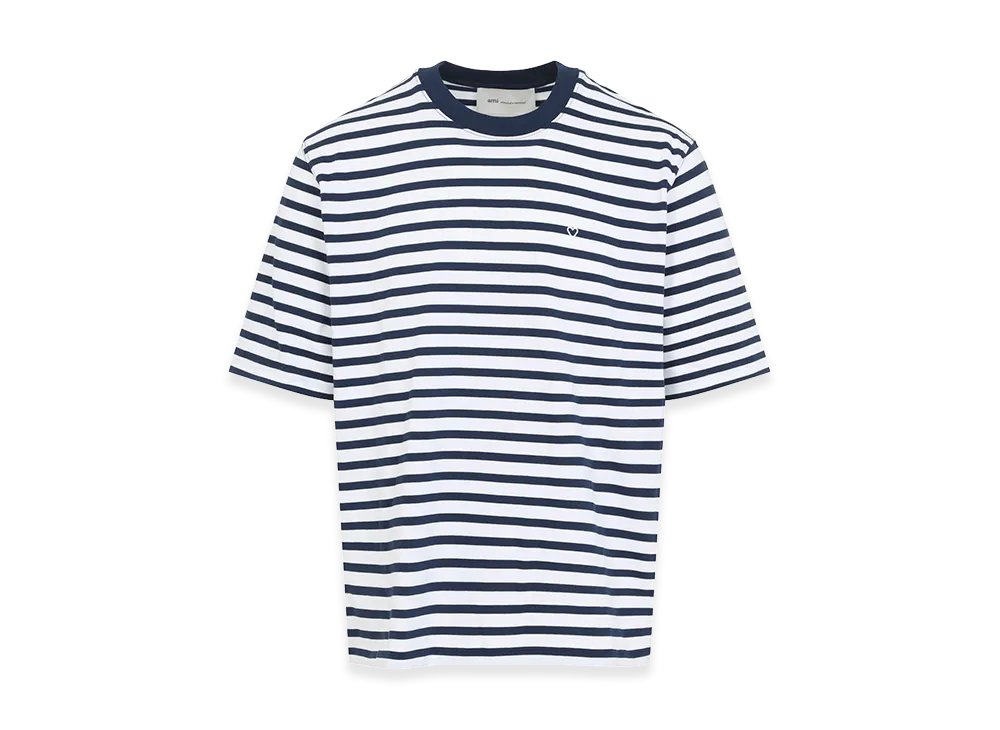 AMI PARIS Quota -Short Sleeves Boxy Fit Mariniere Teeshirt With Ami De Coeur Patch "Blue"