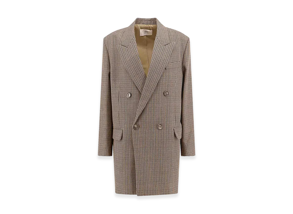 AMI PARIS Women's Virgin Wool Blazer with Pied De Poule Motif "Beige"
