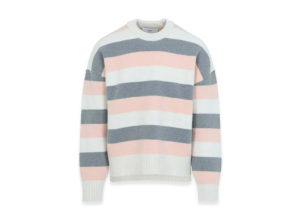 AMI PARIS Striped Crewneck Sweater "Grey Powder/Off White"