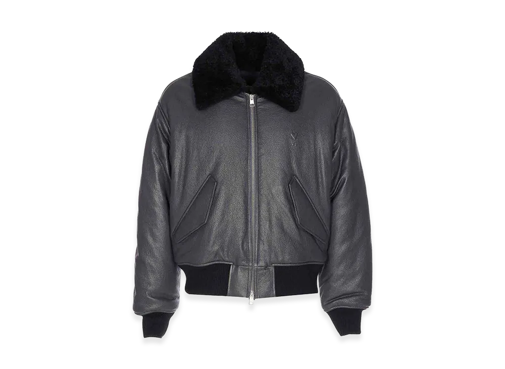 AMI PARIS Leather Bomber Zip Closure "Gray/Black"